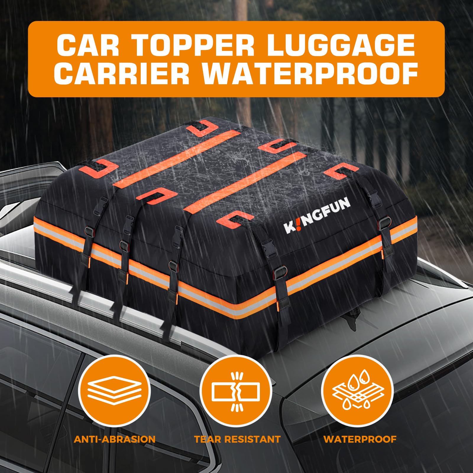 Kingfun Rooftop Cargo Carrier - Waterproof 15 Cubic Feet Car Roof Bag for All Vechicles with/Without Racks, Includes Anti-Slip M